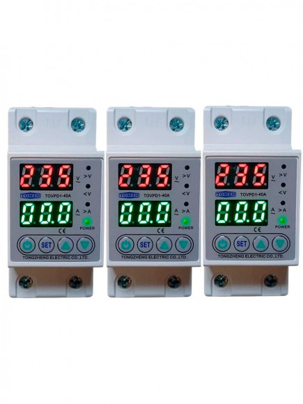 Комплект Реле контроля напряжения и тока TOVPD1-40A (3 шт.) с двухцветным дисплеем