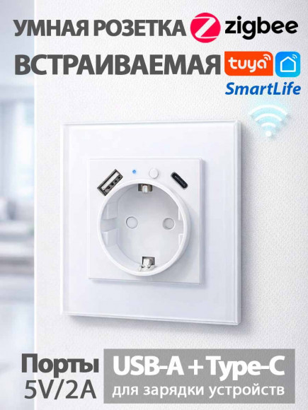 Умная розетка Zigbee TY-201 220 В Smart Life с USB и Type-C (встраиваемая)