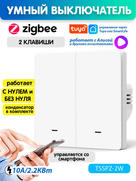 Умный выключатель Zigbee двухклавишный с индикатором Tuya Smart Life / Алиса Умный выключатель Zigbee двухклавишный с индикатором Tuya Smart Life / Алиса