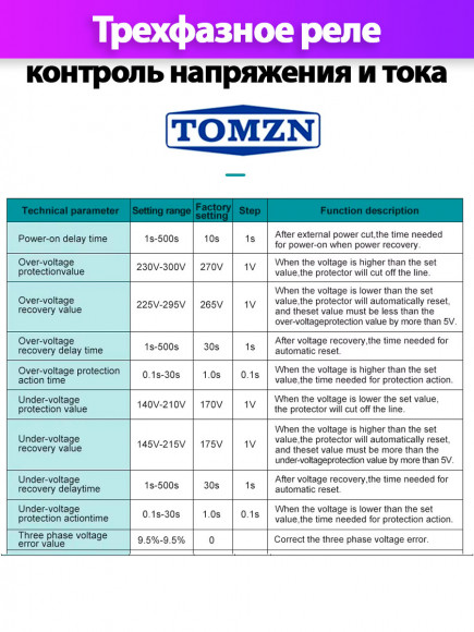 Реле контроля напряжения трехфазное TOMZN TOVPD3-63VAS с защитой от перегрузки по току и перенапряжения 63А Реле контроля напряжения трехфазное TOMZN TOVPD3-63VAS с защитой от перегрузки по току и перенапряжения 63А
