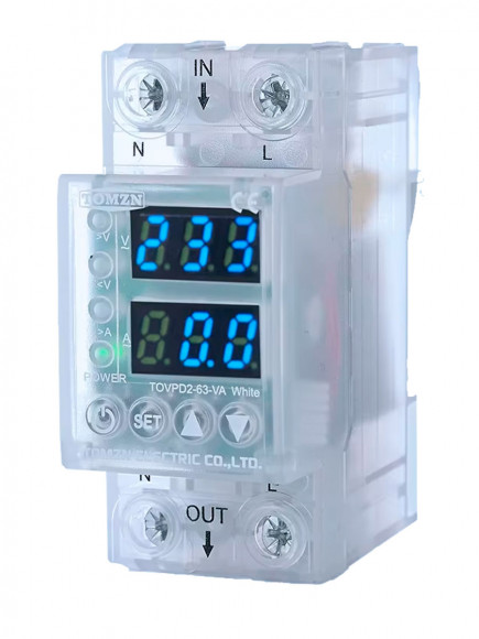 Реле контроля напряжения и тока TOMZN TOVPD2-63-VA blue прозрачное 63А на DIN рейку